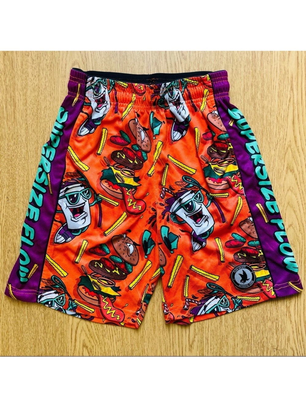 Flow Society Supersize Attack Lacrosse Shorts Boys XL Cheeseburgers Fries Sodas
